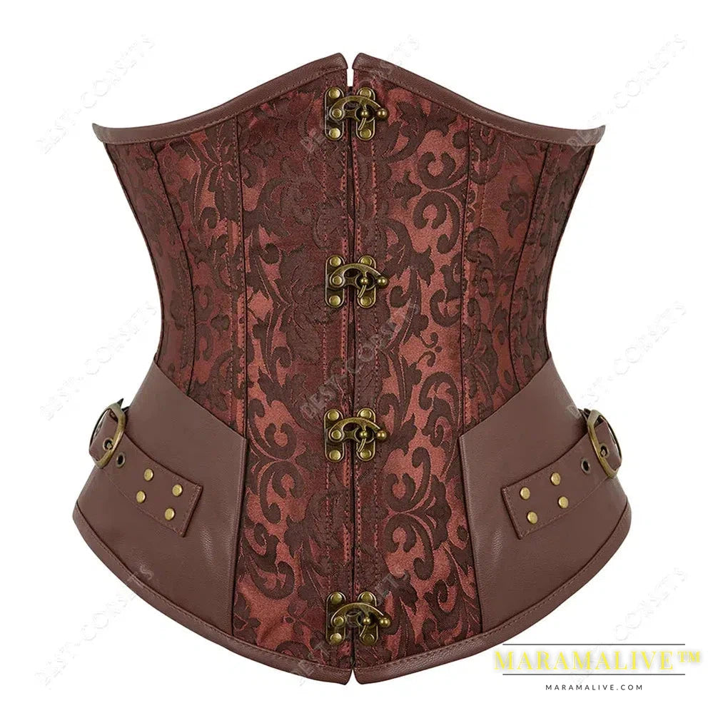 Brown Corset Women Steampunk Faux Leather Underbust Corset Steel Boned Bustier Gothic Chain Couture Corset Underbust