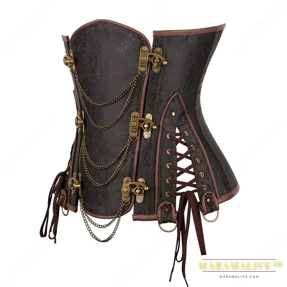 Brown Corset Women Steampunk Faux Leather Underbust Corset Steel Boned Bustier Gothic Chain Couture Corset Underbust