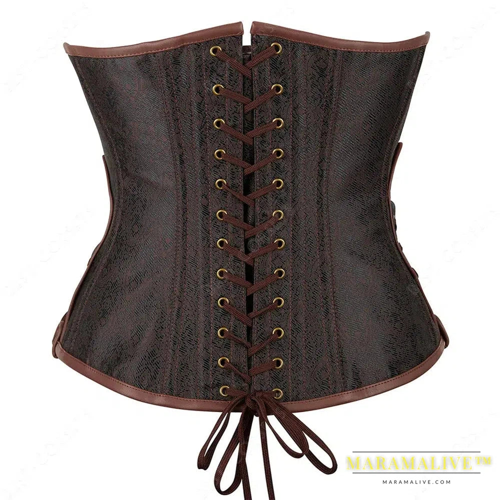 Brown Corset Women Steampunk Faux Leather Underbust Corset Steel Boned Bustier Gothic Chain Couture Corset Underbust