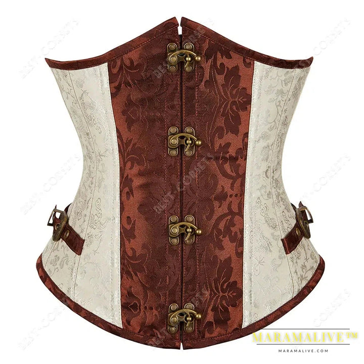 Brown Corset Women Steampunk Faux Leather Underbust Corset Steel Boned Bustier Gothic Chain Couture Corset Underbust