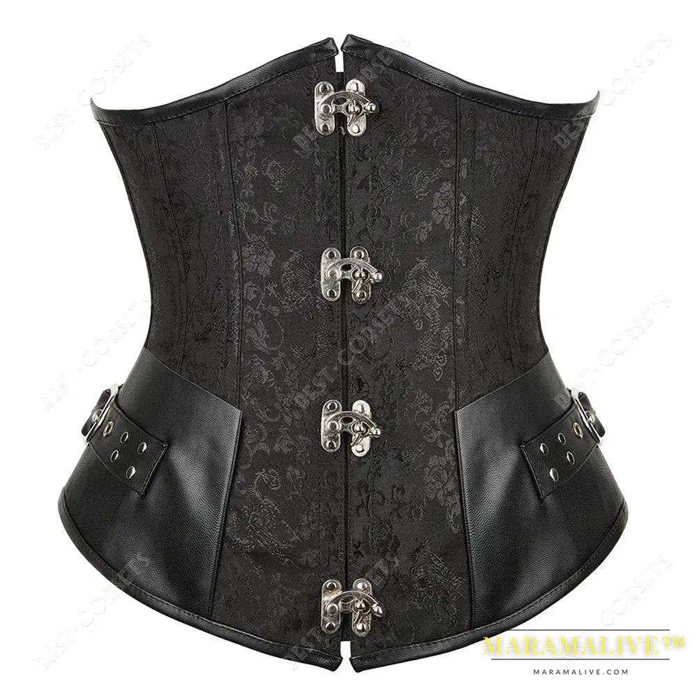 Brown Corset Women Steampunk Faux Leather Underbust Corset Steel Boned Bustier Gothic Chain Couture Corset Underbust