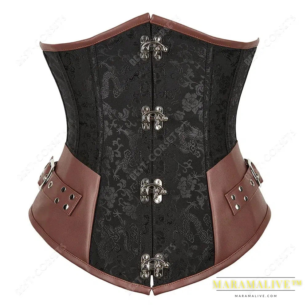 Brown Corset Women Steampunk Faux Leather Underbust Corset Steel Boned Bustier Gothic Chain Couture Corset Underbust