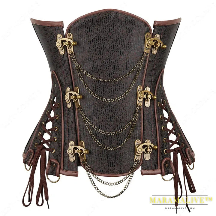 Brown Corset Women Steampunk Faux Leather Underbust Corset Steel Boned Bustier Gothic Chain Couture Corset Underbust