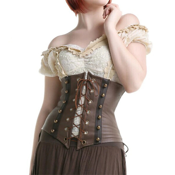 Brown Steampunk Gothic Leather Corset - Victorian Underbust Waist Cincher Bustier Pirate Costume