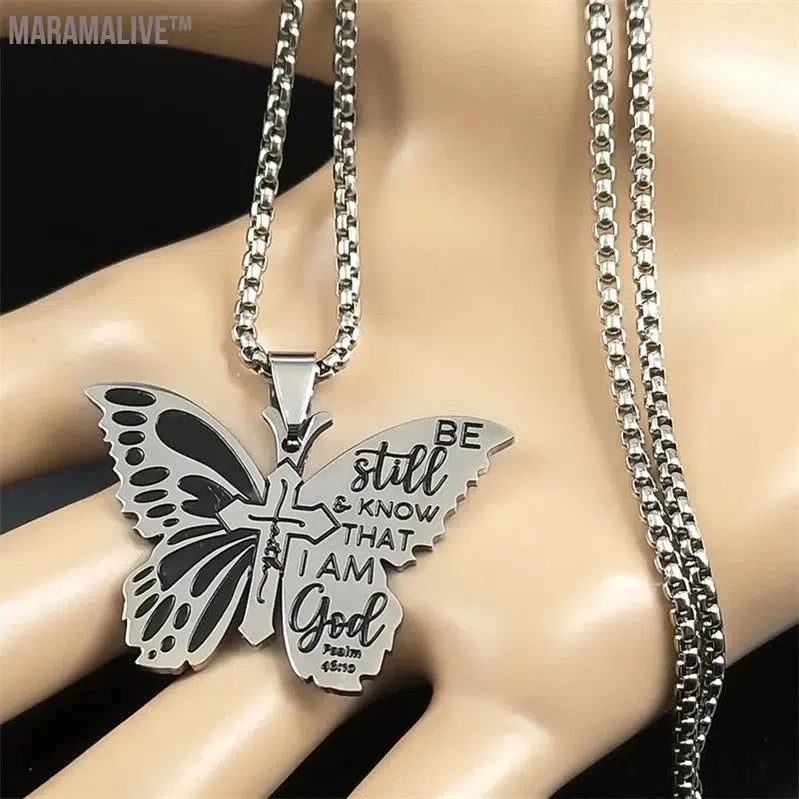 Butterfly Faith Cross Pendant Necklace for Women Men Stainless Steel Be Still and Know That I Am God Psalm Chain Jewelry collier