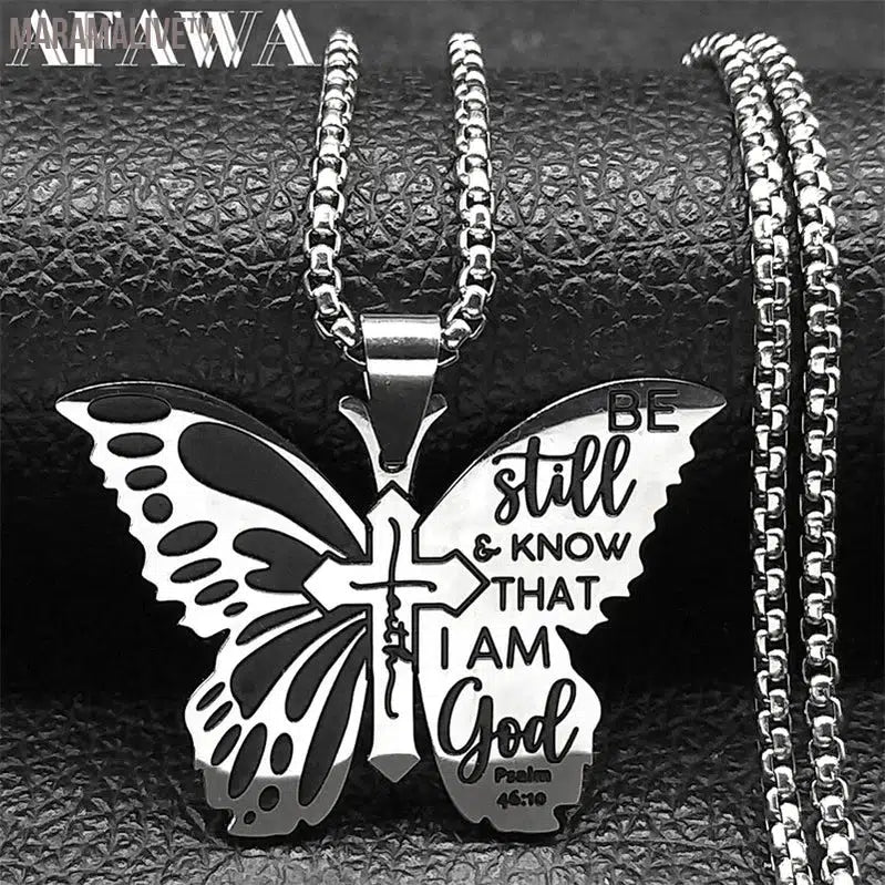 Butterfly Faith Cross Pendant Necklace for Women Men Stainless Steel Be Still and Know That I Am God Psalm Chain Jewelry collier