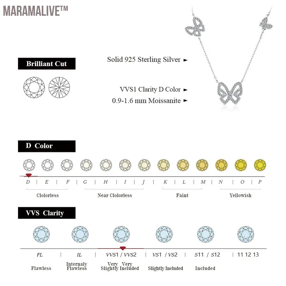 Butterfly Moissanite Necklace Chain Round Cut 1.6mm 925 Sterling Silver Elegant Christmas Fine Jewelry for Women