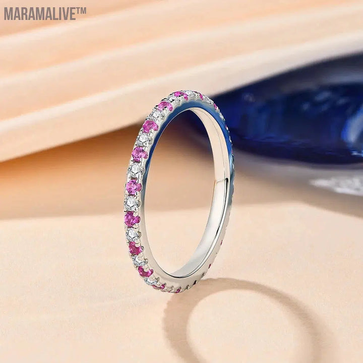 CHARMING Moissanite Wedding Ring 1.5mm D Color 925 Sterling Silver with Sparkling Diamond 18K Gold Pink Sapphire VSS1 Design