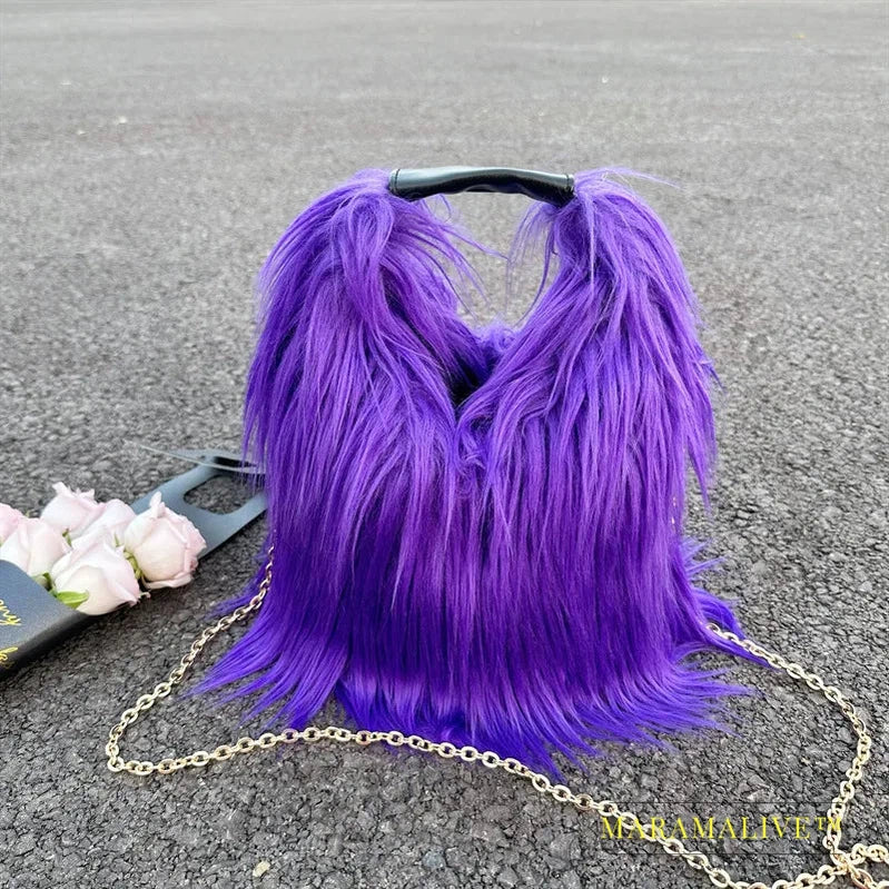 Candy Color Fluffy Women's Shoulder Bags Long Plush Ladies Chain Crossbody Bag Faux Fur Hot Girls Bucket Bag Y2K Furry Handbags