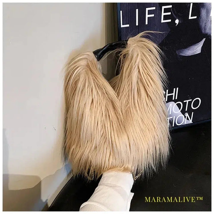 Candy Color Fluffy Women's Shoulder Bags Long Plush Ladies Chain Crossbody Bag Faux Fur Hot Girls Bucket Bag Y2K Furry Handbags