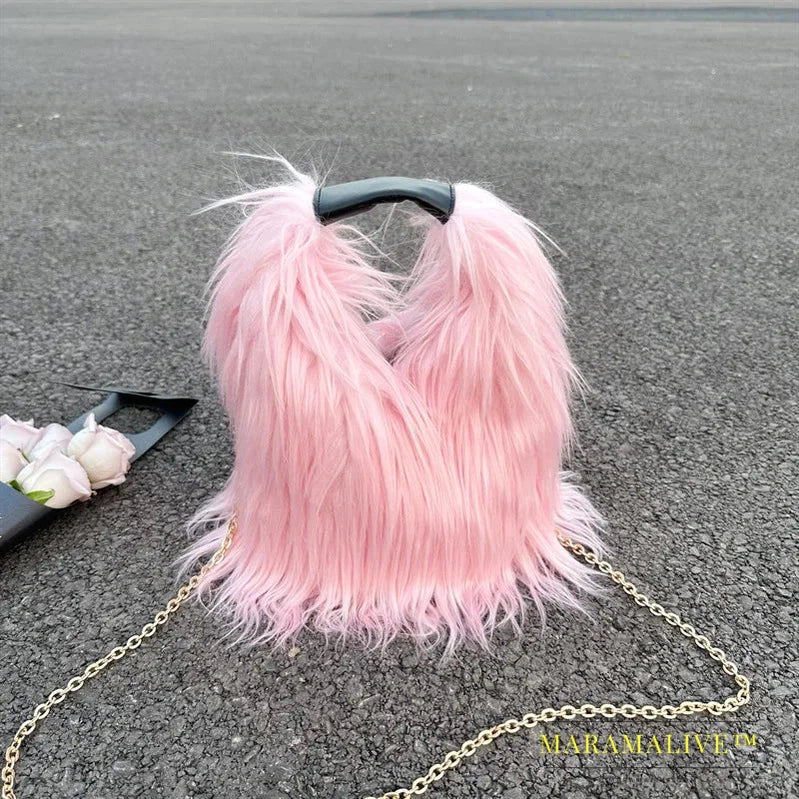 Candy Color Fluffy Women's Shoulder Bags Long Plush Ladies Chain Crossbody Bag Faux Fur Hot Girls Bucket Bag Y2K Furry Handbags