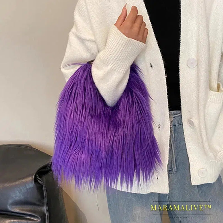 Candy Color Fluffy Women's Shoulder Bags Long Plush Ladies Chain Crossbody Bag Faux Fur Hot Girls Bucket Bag Y2K Furry Handbags