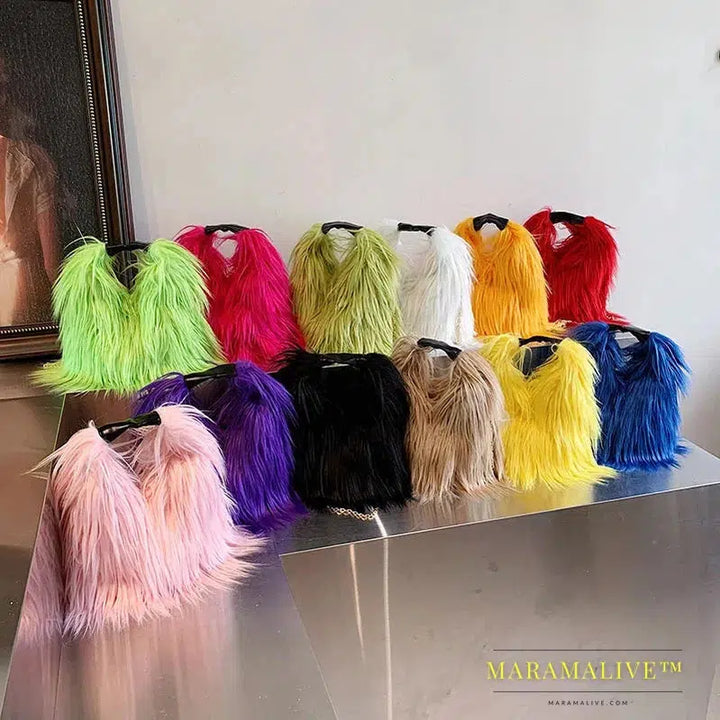 Candy Color Fluffy Women's Shoulder Bags Long Plush Ladies Chain Crossbody Bag Faux Fur Hot Girls Bucket Bag Y2K Furry Handbags