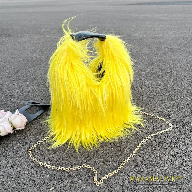 Candy Color Fluffy Women's Shoulder Bags Long Plush Ladies Chain Crossbody Bag Faux Fur Hot Girls Bucket Bag Y2K Furry Handbags