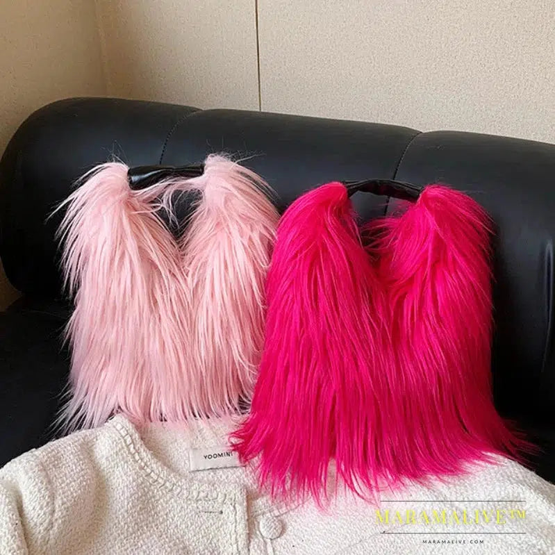 Candy Color Fluffy Women's Shoulder Bags Long Plush Ladies Chain Crossbody Bag Faux Fur Hot Girls Bucket Bag Y2K Furry Handbags