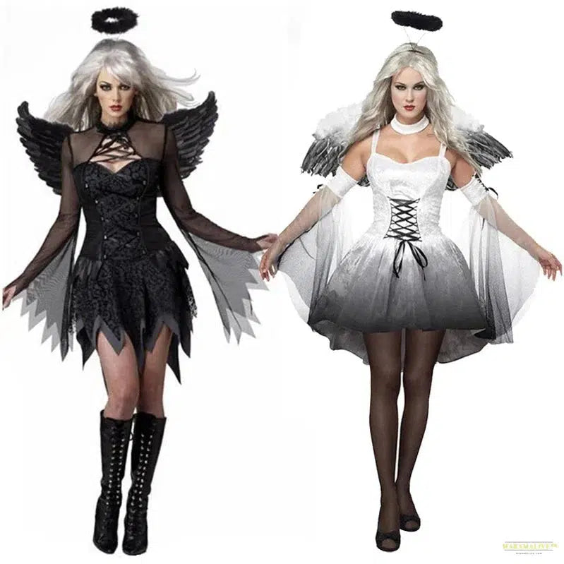 Carnival Halloween Lady Fallen Angel Costume Dark Vampire Feather Wings Roleplay Cosplay Fancy Party Dress