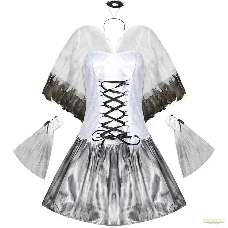 Carnival Halloween Lady Fallen Angel Costume Dark Vampire Feather Wings Roleplay Cosplay Fancy Party Dress