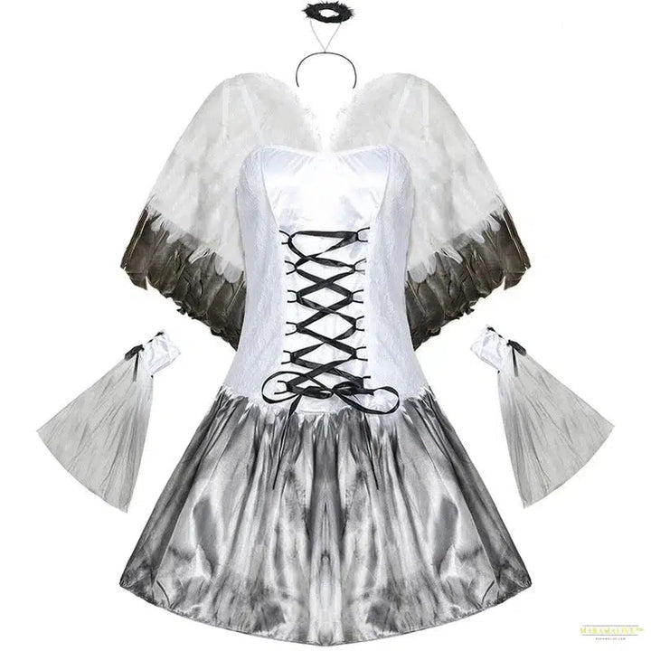 Carnival Halloween Lady Fallen Angel Costume Dark Vampire Feather Wings Roleplay Cosplay Fancy Party Dress