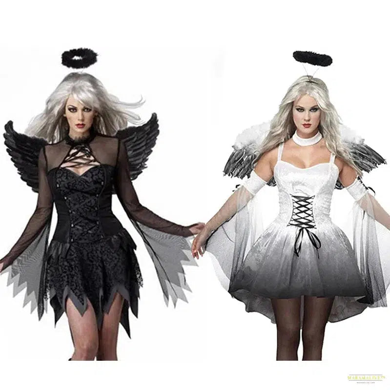 Carnival Halloween Lady Fallen Angel Costume Dark Vampire Feather Wings Roleplay Cosplay Fancy Party Dress