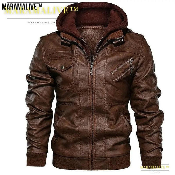 Casual Biker Faux Leather Jacket with Hood - Motorcycle Faux Leather Coat