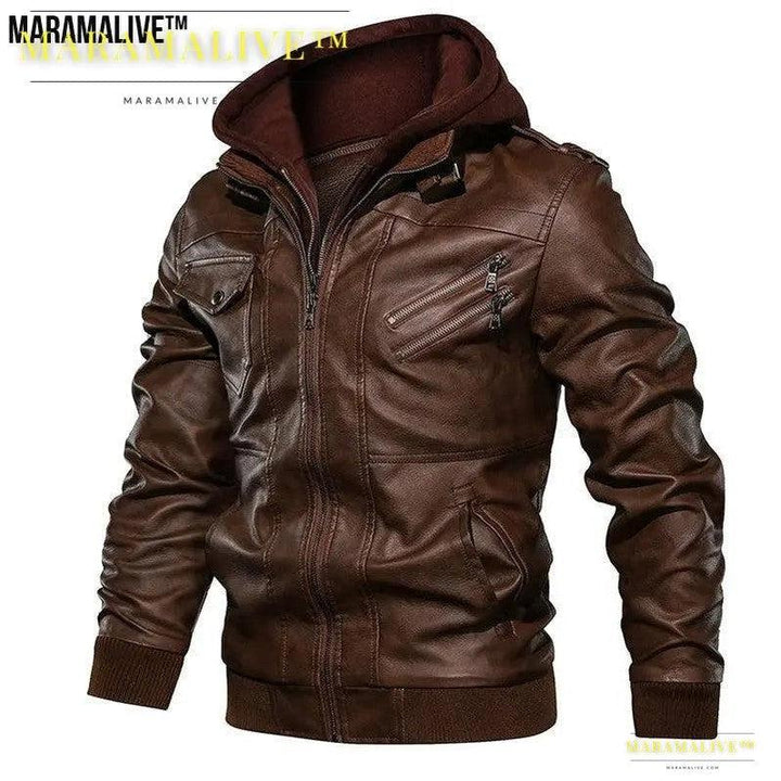 Casual Biker Faux Leather Jacket with Hood - Motorcycle Faux Leather Coat