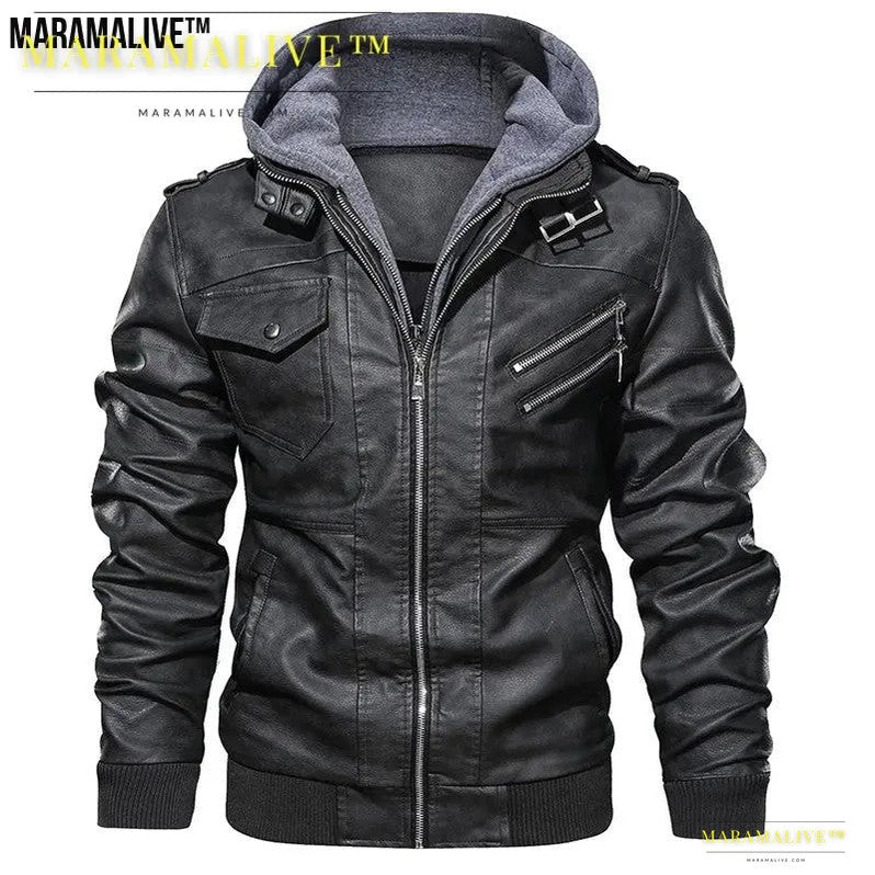 Casual Biker Faux Leather Jacket with Hood - Motorcycle Faux Leather Coat