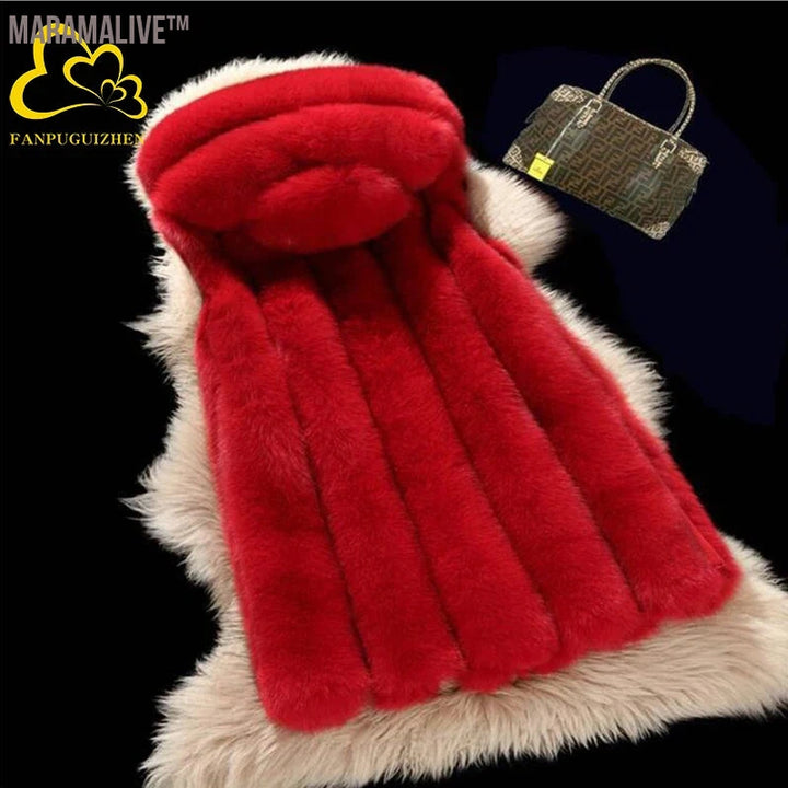 Casual Faux Fur Vest for Women Hooded Furry Jacket Warm Winter Outwear Plus Size New