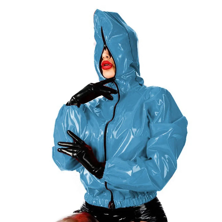 Casual Faux Leather PVC Hoodie Jacket Maramalive's Punk Style Long Sleeve Top for College Fashion Outwears in Rubber Size