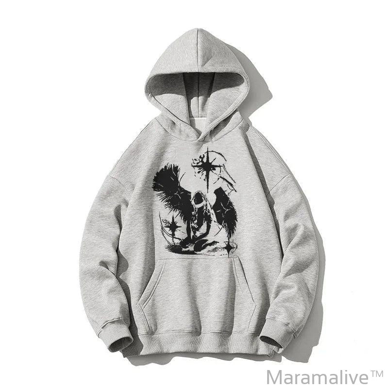 Casual Oversize Graphic Print Y2K Hooded Sweatshirt Hip Hop Streetwear Long sleeved Pullover Loose Rock Goth Hoodie Top