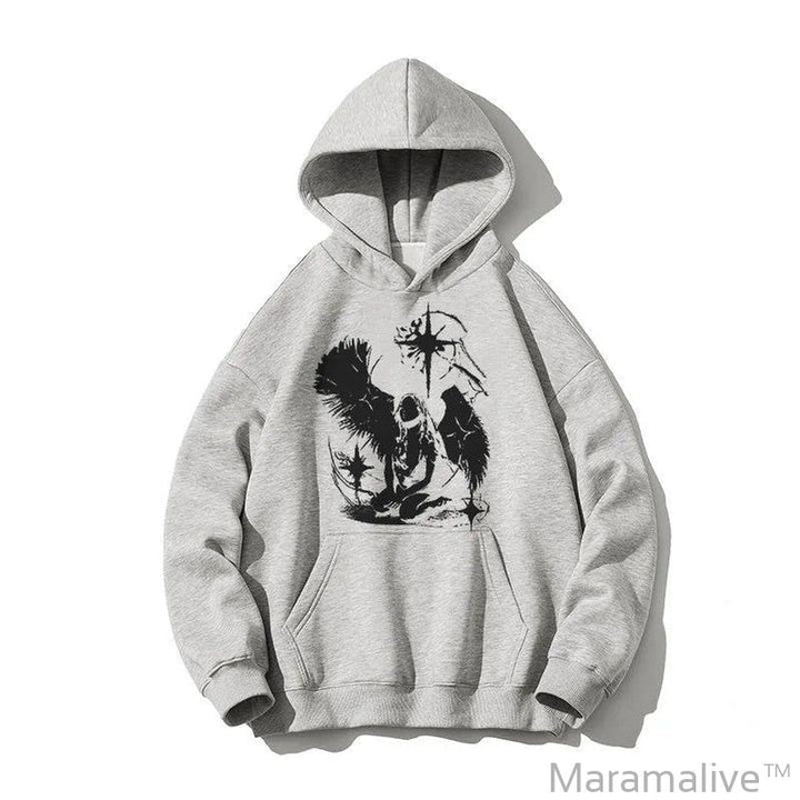 Casual Oversize Graphic Print Y2K Hooded Sweatshirt Hip Hop Streetwear Long sleeved Pullover Loose Rock Goth Hoodie Top