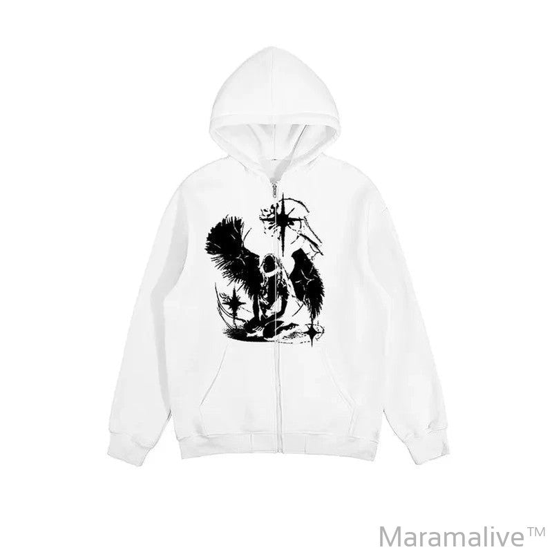 Casual Oversize Graphic Print Y2K Hooded Sweatshirt Hip Hop Streetwear Long sleeved Pullover Loose Rock Goth Hoodie Top