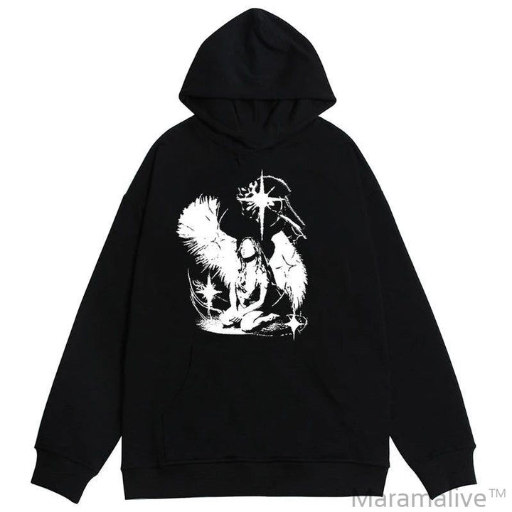 Casual Oversize Graphic Print Y2K Hooded Sweatshirt Hip Hop Streetwear Long sleeved Pullover Loose Rock Goth Hoodie Top