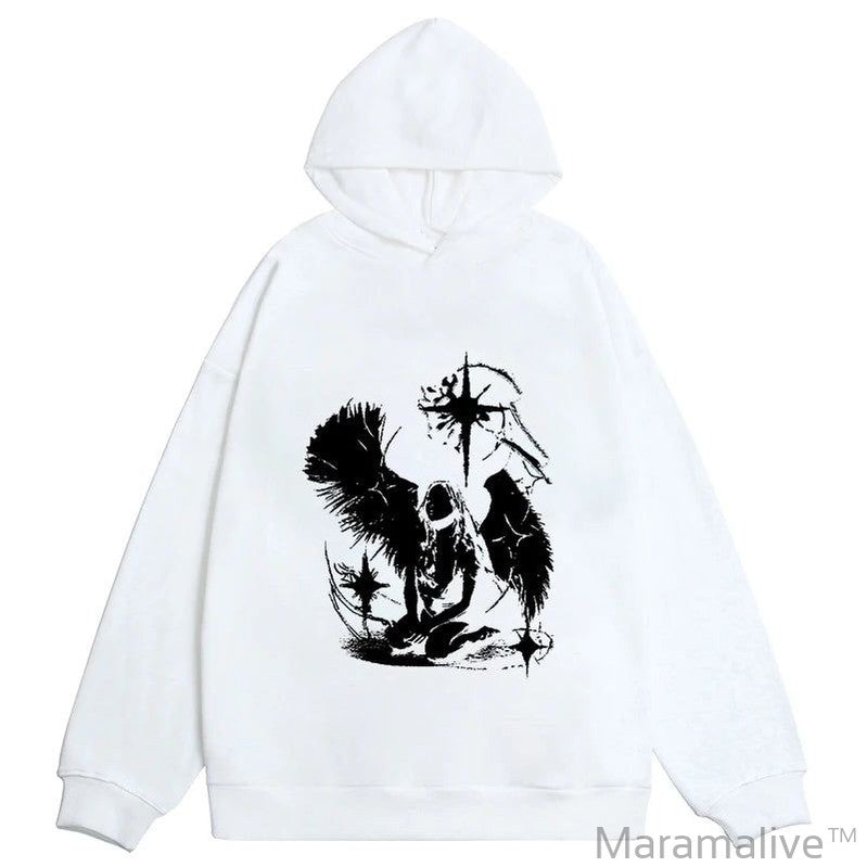 Casual Oversize Graphic Print Y2K Hooded Sweatshirt Hip Hop Streetwear Long sleeved Pullover Loose Rock Goth Hoodie Top