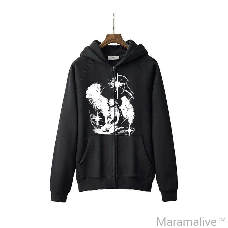 Casual Oversize Graphic Print Y2K Hooded Sweatshirt Hip Hop Streetwear Long sleeved Pullover Loose Rock Goth Hoodie Top