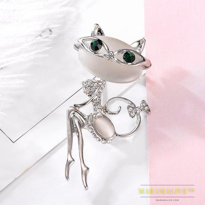 Cat Silver Brooches Rrhinestone Jewelry