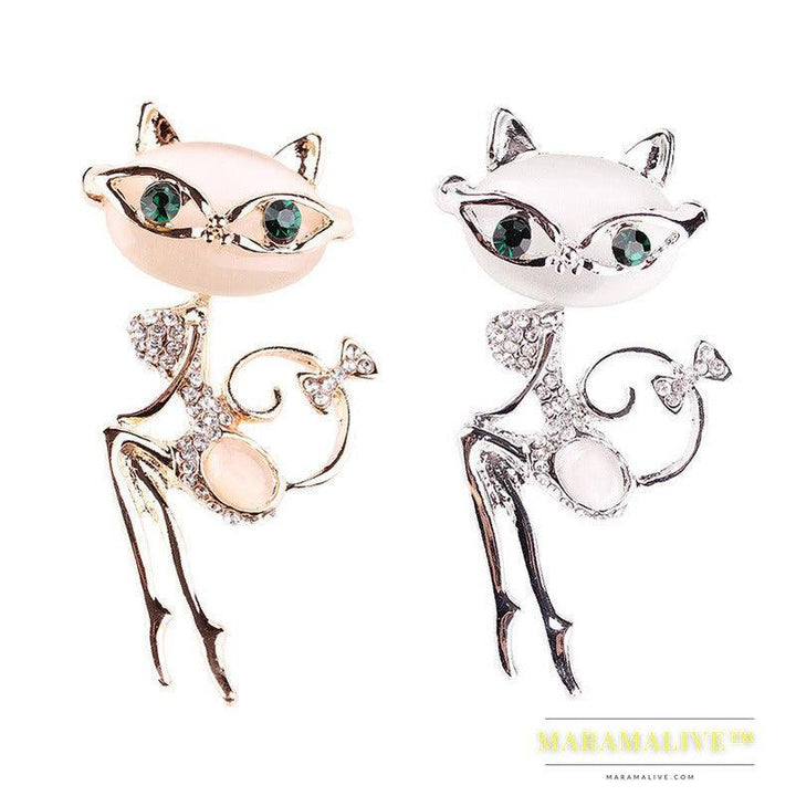 Cat Silver Brooches Rrhinestone Jewelry