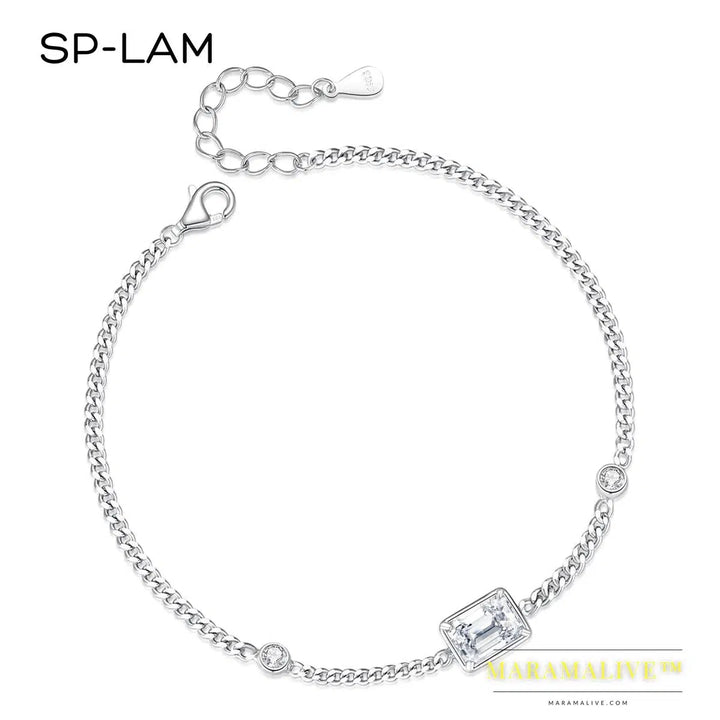 Chain Link Bracelet Moissanite 1CT Emerald Cut Real 925 Sterling Silver Women Luxury Trendy Hand Bracelets Jewelry