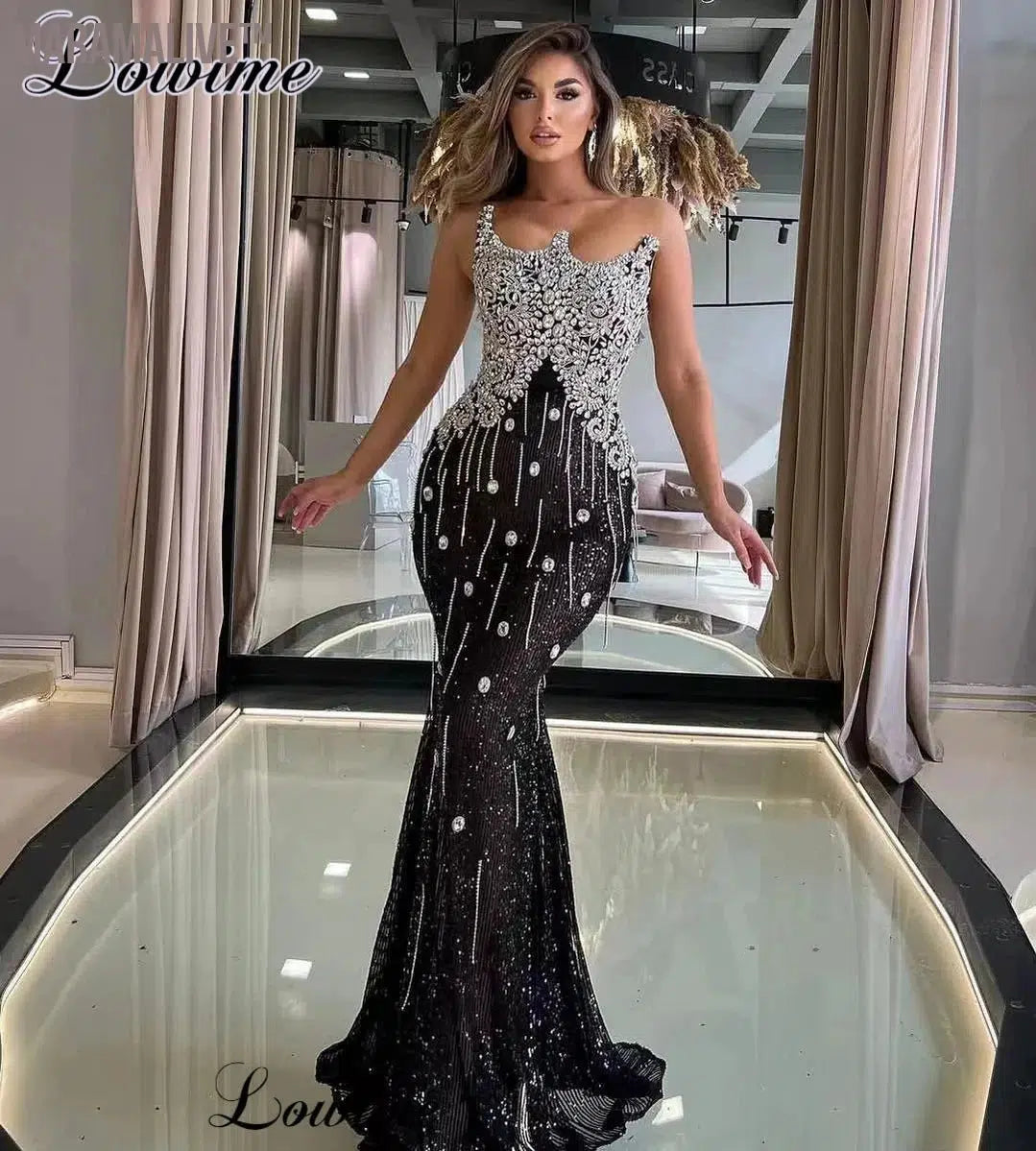 Champagne Sequined Prom Dresses With Crystals Sleeveless Mermaid Cocktail Dresses Vestidos De Cóctel Wedding Party Dresses For Women