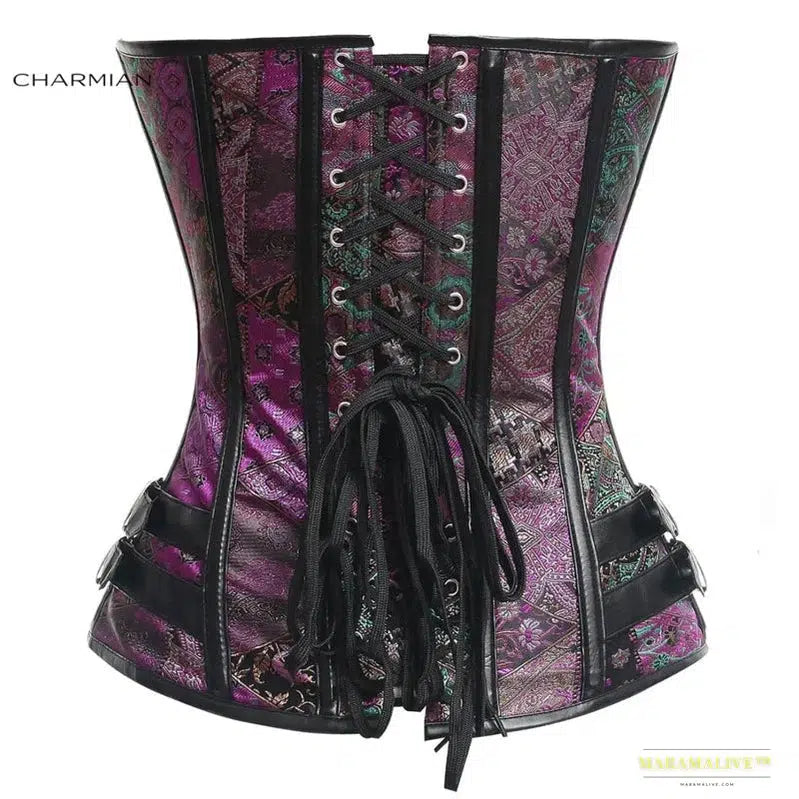 Charmian steampunk corset women Gothic faux leather plus size steel boned overbust bustier corset top brocade Halloween clothing