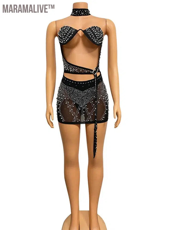 Chic Sheer Mesh Crystal Mini Dress Gorgeous Cut-Out Pearls Rhinestone Buckle Two-Piece Dress Party Outfits Clubwear