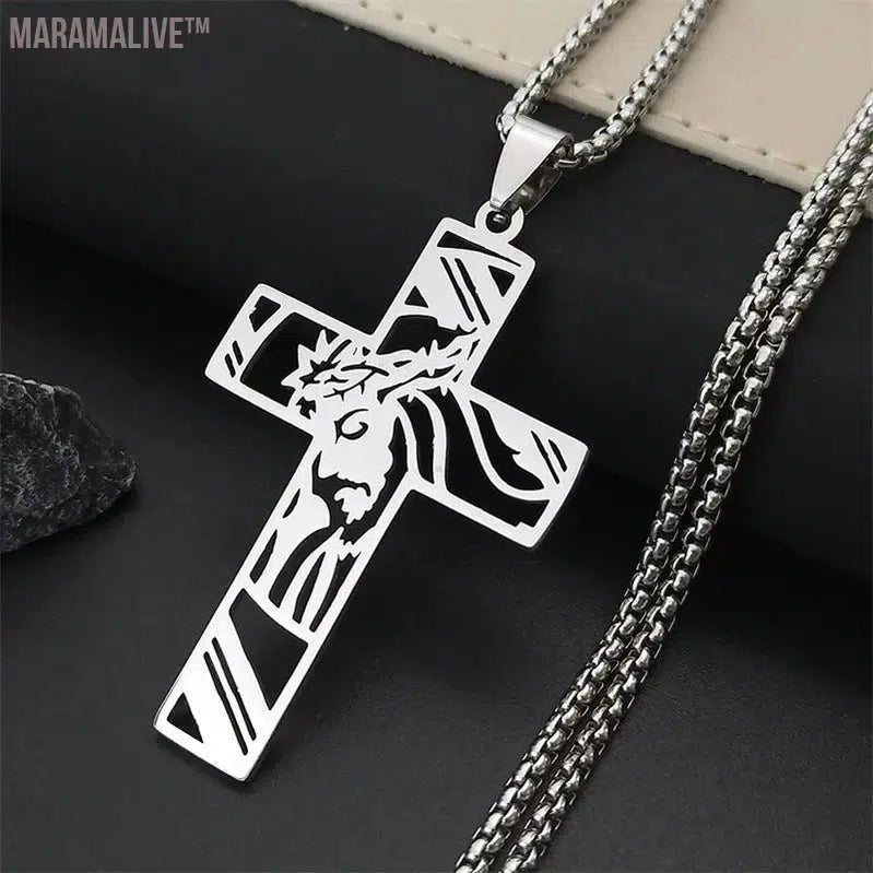 Christ God Cross Jesus Crown of Thorns Chain Necklace Men Stainless Steel Crucifix Necklace Jewelry colar masculino N8051S02