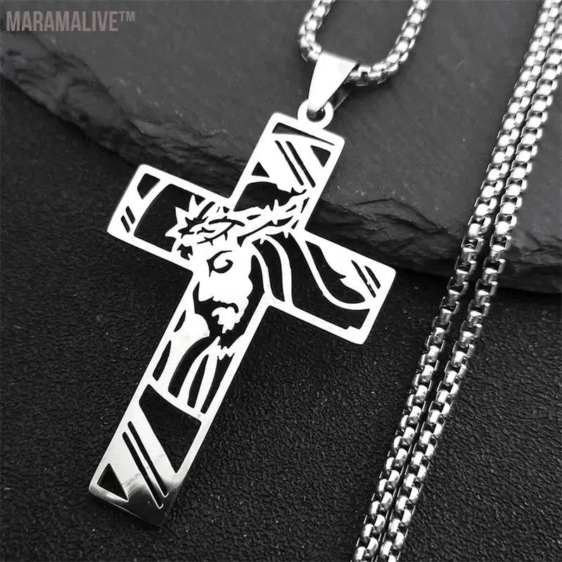 Christ God Cross Jesus Crown of Thorns Chain Necklace Men Stainless Steel Crucifix Necklace Jewelry colar masculino N8051S02