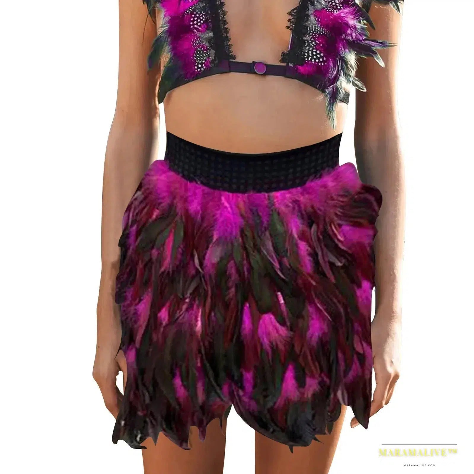 Christmas Spectacle: Women's Feathered Masquerade Mini Skirt Stage Costume in Satin and Lace