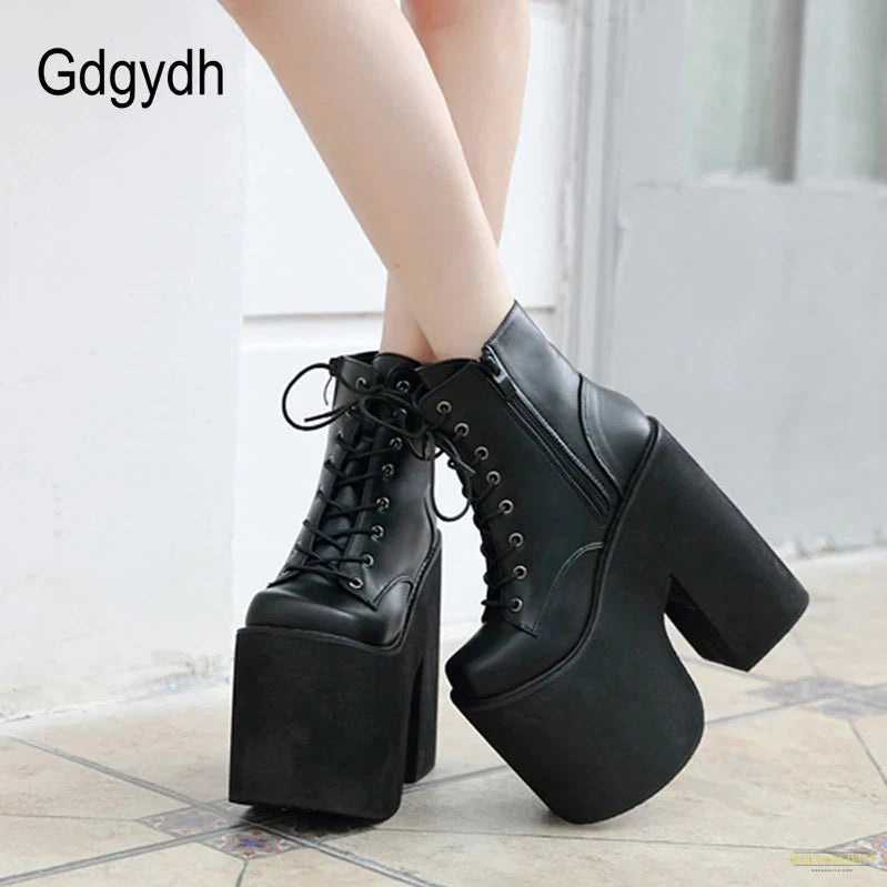 Chunky Heel Motorcycle Boots Women Platform Ankle Boots Lace Up Punk Cosplay Thick Sole Goth Girls Shoes Big Size 43