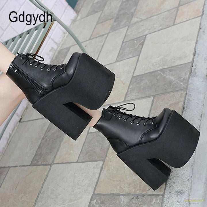 Chunky Heel Motorcycle Boots Women Platform Ankle Boots Lace Up Punk Cosplay Thick Sole Goth Girls Shoes Big Size 43