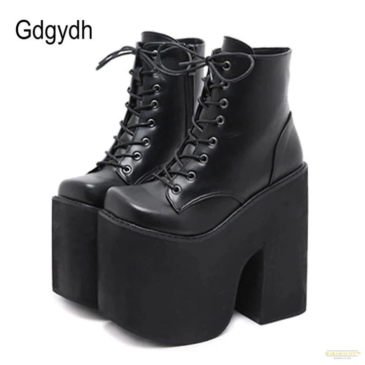 Chunky Heel Motorcycle Boots Women Platform Ankle Boots Lace Up Punk Cosplay Thick Sole Goth Girls Shoes Big Size 43