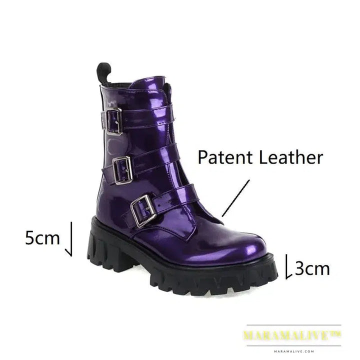 Chunky Heels Motorcycle Buckle Boots Women Bottine Femme Patent Leather Black Purple Flat Platform Thick Sole Ankle Boots Ladies