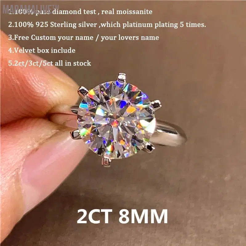 Classic 6 Prongs 5 Carat Round Moissanite Ring Sterling Silver Plated 14K Gold High Clarity D Color Diamond Rings Woman Jewelry