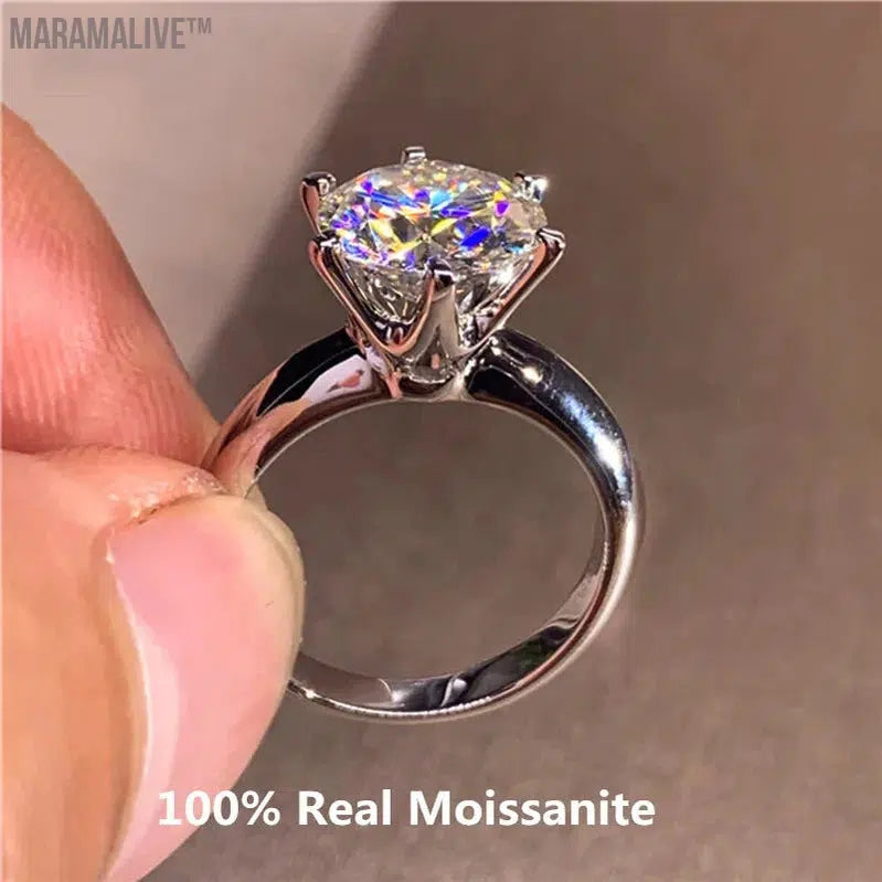 Classic 6 Prongs 5 Carat Round Moissanite Ring Sterling Silver Plated 14K Gold High Clarity D Color Diamond Rings Woman Jewelry