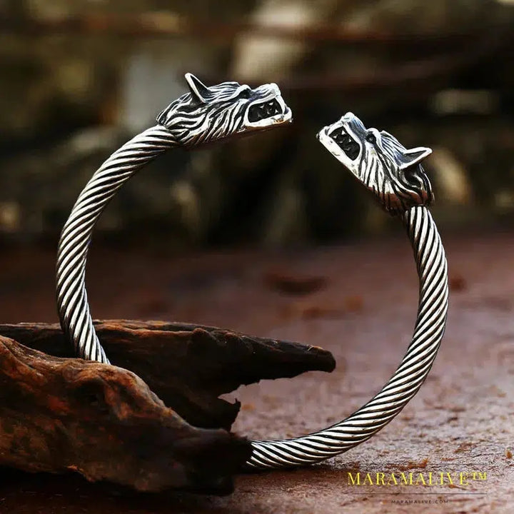 Classic Animal Viking Double Wolf Head Adjustable 316L Stainless Steel Men's Bracelet Fashion Double Snake Heads Jewelry